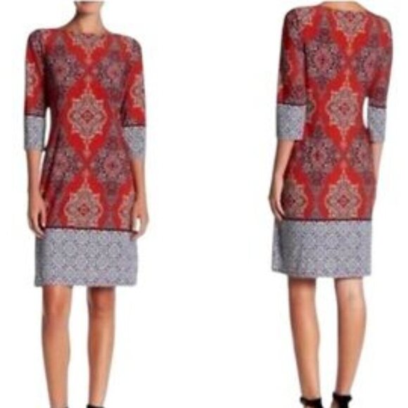LONDON TIMES Burnt Red Three-quarter Sleeve Mini Shift Dress - Picture 1 of 9